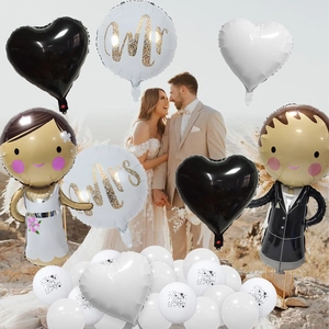 Detailed wedding balloon set featuring bride and groom foil shapes with Mr and Mrs prints