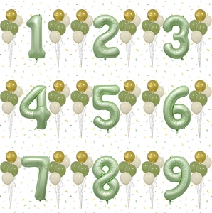 Ballon Chiffre 40 Pouces Vert Sauge Décoration Fête Anniversaire Thème Forêt Vert Olive Crème Or Accessoire Célébration