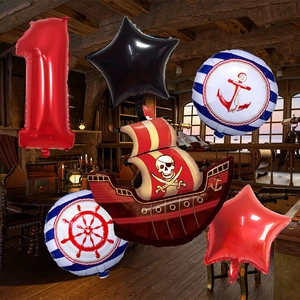 Pirate theme party balloon set with red number one and nautical ship for birthday decor