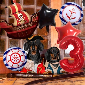 Pirate theme party set with pirate ship balloon and red number three balloon detail