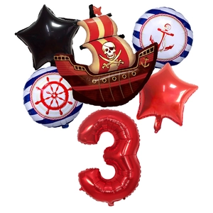Detailed set of pirate ship balloons and red number three for kids birthday party decoration