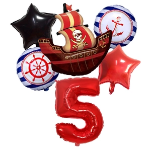 Detailed set of 5th birthday pirate balloons featuring a large red number and a pirate ship