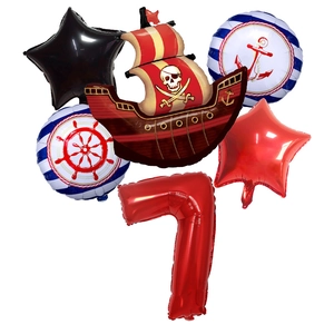 Detail view of 6-piece pirate ship and red number 7 foil balloons set for kids party