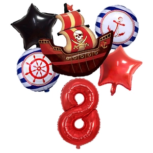 6-piece pirate adventure balloon set with pirate ship, red number 8, and nautical stars