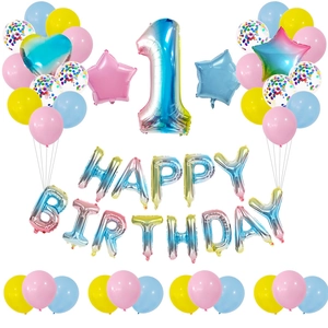 Detail of colorful gradient number one balloon with star and confetti latex party set