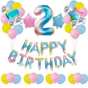 Detail of rainbow gradient number 2 and Happy Birthday foil balloons for toddler parties