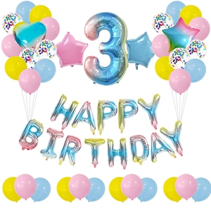 Detail of 32-inch gradient number 3 balloon set with colorful confetti and foil stars