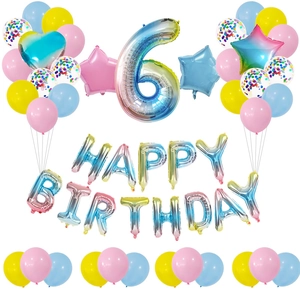 Detailed set of 32-inch gradient number 6 balloons and Happy Birthday decorations
