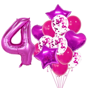 Pink and purple number 4 balloon set with heart and star foil balloons for birthday party