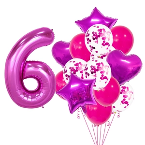 Pink and purple birthday balloon set with number 6, stars, hearts and confetti sequins