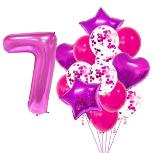 Pink and purple birthday balloon kit with large number 7 foil balloon and star heart shapes