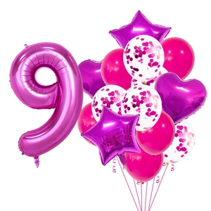 Detailed set of pink and purple party balloons including large number 9 and foil stars