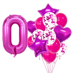 Pink and purple party set with number zero foil balloon and sparkling confetti balloons