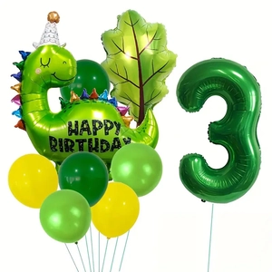 Kit ballons anniversaire thème dinosaure vert avec chiffre 3 et feuilles de jungle