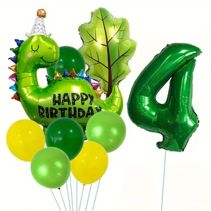 Détails du kit fête dinosaure avec ballon chiffre 4 et décorations de feuilles jungle