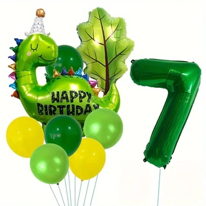 Kit ballons anniversaire dinosaure vert avec chiffre 7 et feuilles de jungle décor