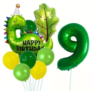 Détail du set de ballons dinosaure vert et chiffre 9 avec feuille de jungle fête