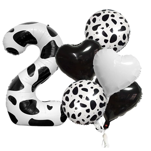 Detailed set of 40-inch cow print number 2 balloon with heart and round foil balloons