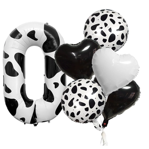 Detail of 6-piece cow print balloon set with large number zero and heart shapes