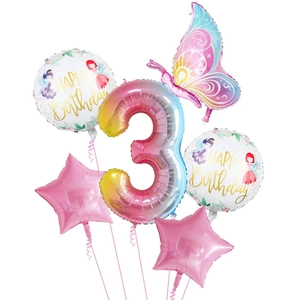 Kit de ballons chiffre 3 arc-en-ciel avec papillon et étoiles roses pour anniversaire