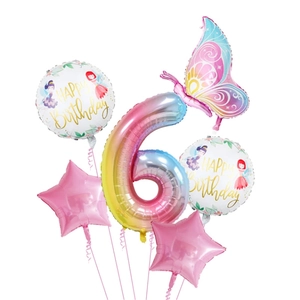 Kit ballon chiffre 6 dégradé arc-en-ciel avec papillon et étoiles pour fête de fille