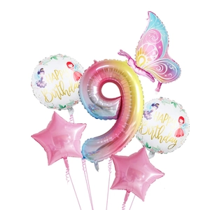Détails du kit ballons 9e anniversaire avec chiffre 9 arc-en-ciel et papillon rose