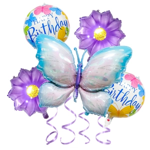 Schmetterling und Sonnenblume Ballon Set für Geburtstagsdeko mit violetten Bandakzenten