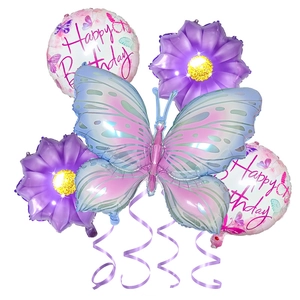 Lila Schmetterling und Sonnenblume Folienballon Set mit Happy Birthday Aufdruck für Partys
