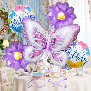 Details von lila Schmetterlings- und Sonnenblumen-Folienballon-Set für Geburtstage
