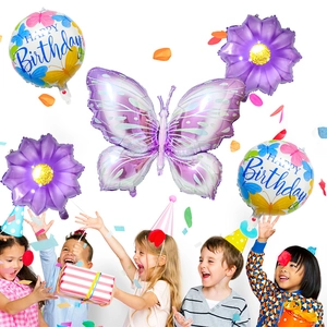 Detailliertes Set aus lila Schmetterlings- und Sonnenblumen-Folienballons für Geburtstage