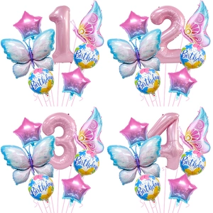 Pink number birthday balloon set with iridescent butterflies and gradient stars