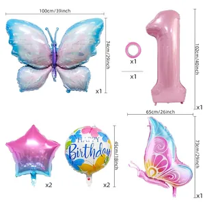 Pink and blue gradient 40-inch number 1 butterfly balloon set for birthday party decor