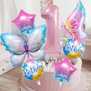 Pink number 1 balloon set with blue butterflies and gradient stars for 1st birthday party
