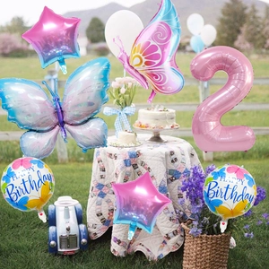 Pink number 2 balloon set with butterfly and star foil decorations for birthday parties