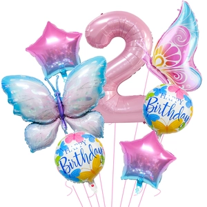 Detailed set of pink number 2 balloon with colorful butterflies and gradient stars