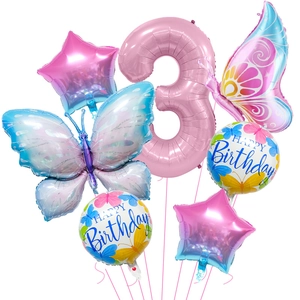 Detailed set of 7 pieces for a 3rd birthday party featuring pink number 3 and butterflies
