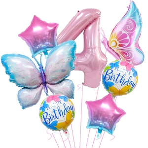 Pink number 4 balloon set with gradient butterflies and stars for 4th birthday party decor