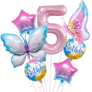 7-piece pink number 5 butterfly balloon set with gradient stars for birthday party decoration