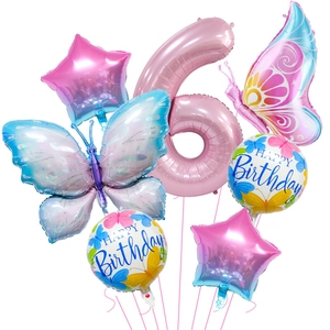 6th birthday balloon set with pink number 6, butterfly and gradient star foil balloons