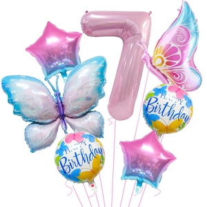 Pink number 7 balloon set with blue butterfly and star foil balloons for birthday party