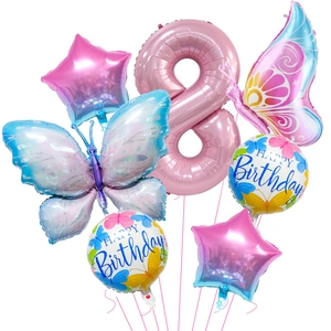 Detail view of 8th birthday balloon set with pink number 8 and gradient butterfly stars