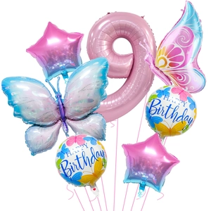 Detail of 40-inch pink number 9 foil balloon set with colorful gradient butterflies and stars