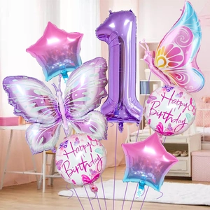 Lila Schmetterling und Stern Ballon Set für Deko zum ersten Geburtstag von Mädchen