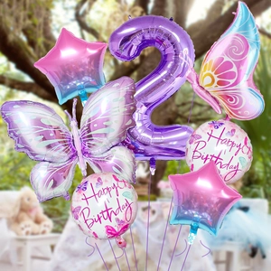 7-teiliges lila Schmetterling Ballon-Set zum 2. Geburtstag mit Sternen- und Folienballons