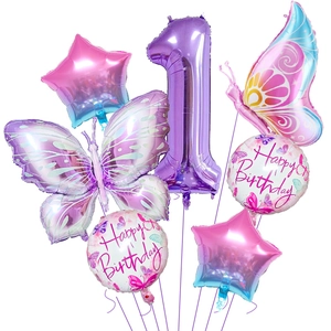 Detail von lila Schmetterling- und Sternballons mit Happy Birthday Rundballon