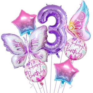 Detail von lila Schmetterling Party Ballon Set mit Folienzahl 3 und Farbverlauf Sternen