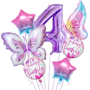 7-teiliges Schmetterling und Stern Folienballon Set mit lila Nummer 4 für Geburtstage