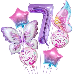 Detail von lila Zahl 7 und Schmetterling-Folienballons für Geburtstagsdeko