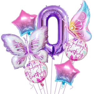 Details zum Schmetterling-Ballon-Set mit lila Zahl Null und Sternen mit Farbverlauf