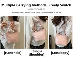 Pink bucket bag with butterfly embossing shown in handbag, shoulder, and crossbody styles